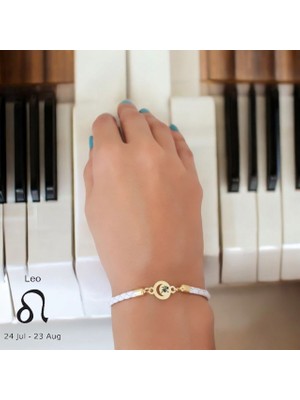 Altın Plakalı 14 Ayar Aslan Burçlarına Özel Ay Motifli Doğal Beyaz Derili Hediye BILEKLIK-477BURÇ