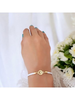 Altın Plakalı 14 Ayar Yıldız Ismine Özel Ay Motifli Doğal Beyaz Derili Hediye BILEKLIK-477ISIM