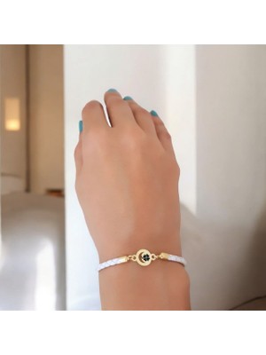 Altın Plakalı 14 Ayar Kalpli Çiçek Temalı Doğal Beyaz Derili Ay Motifli Hediye BILEKLIK-477SEMBOL