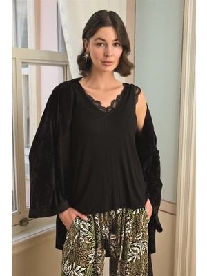 Monamise Çiçek Yaprak ve Etnik Desenli Dantelli 3'lü Pijama Takımı