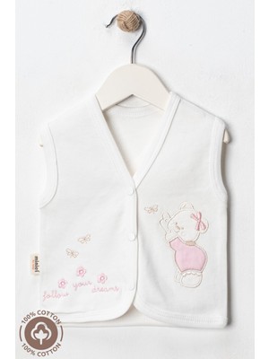 Kız Bebek Ayıcık Nakışlı Organik Pamuklu 0-9 Ay Penye Bebek Yelek