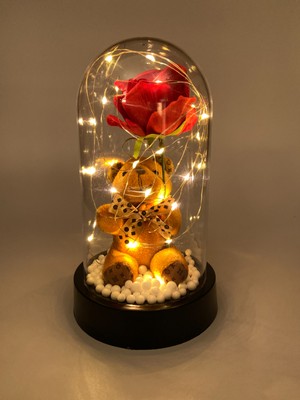 Lueeci Sevgililer Günü Özel Hediye, Fanus İçinde Kahve Ayıcık Güllü ve Gün Işığı Ledli Dekoratif Lamba