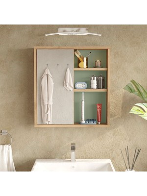 Yurupa Marble Aynalı Lavabo Üstü Banyo Dolabı Raflı Kapaklı 60CM Sepet-Ihlamur Yeşili Mar1-Sy