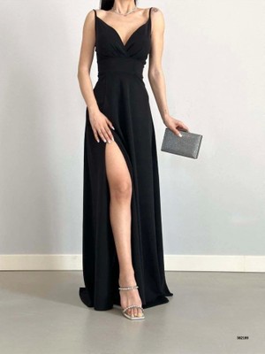 Kadın Ip Askılı Kruvaze Yaka Maxi Boy Abiye Elbise