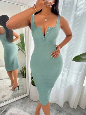 Kadın Askılı Önü Düğmeli Midi Kaşkorse Elbise