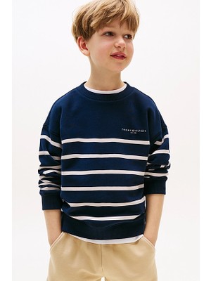 Unisex Çocuk Çizgili ve Logo Nakışlı Sweatshirt - Lacivert/beyaz