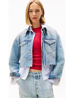 Kadın Tam Kalıp Sırtı Renk Bloklu Crop Kot Ceket - Açık Mavi