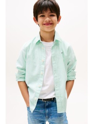 Erkek Çocuk Çizgili Düğmeli Yaka Gömlek - Mint Yeşili