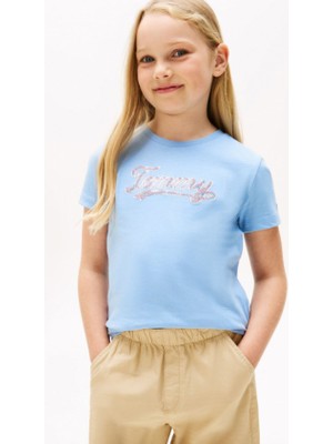 Kız Çocuk Payetli Yazı Işlemeli T-Shirt - Açık Mavi