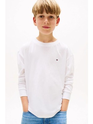 Tommy Hilfiger Erkek Çocuk Beyaz Bisiklet Yaka Uzun Kollu T-Shirt %100 Pamuk Truvakar Kol Günlük Stil