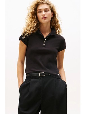 Kadın Tam Kalıp Altın Renk Düğmeli Polo Yaka T-Shirt - Siyah