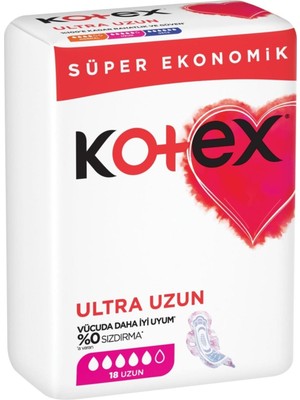 Kotex Ultra Uzun Hijyenik Ped 18'li – Esnek Kıvrımlı Yüzey ile Gün Boyu Konfor ve Etkili Sızıntı Koruması