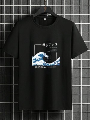 Siyah Bisiklet Yaka Önü Dalga Baskılı Erkek T-Shirt