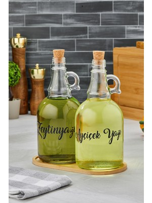 2'li Mantar Tıpalı, Standlı 1000 ml Cam Yağdanlık Ayçiçek Yağı/zeytin Yağı Şişesi(Transfer Etiketli)