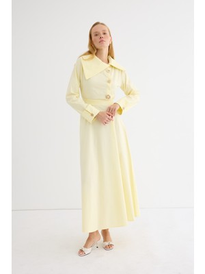 Broş Detaylı Asimetrik Yaka Poplin Elbise Soft Sarı