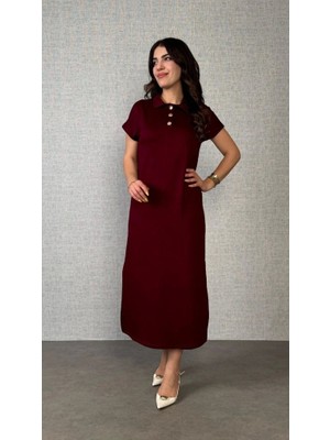 Kadın Kısa Kollu Yakalı Yandan Yırtmaçlı Viskon Iki Iplik Elbise