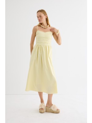 Pileli Askılı Elbise Soft Sarı