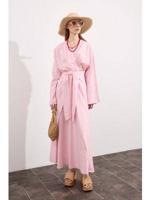 Mirella Kruvaze Bağlamalı Keten Elbise Pembe