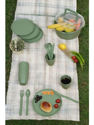 Ironika 6 Kişilik 32 Parça Piknik Seti Plastik Çatal Bardak Kaşık Bıçak Yemek Kahvaltı Takımı-Kahve Tabak Yeşil Bardak