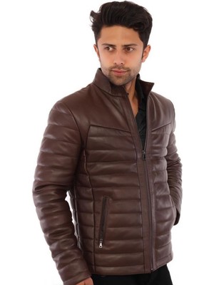 Hakiki Deri Kahverengi Manno Fermuarlı Erkek Deri Ceket