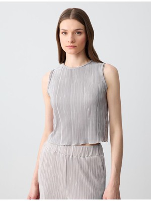 Jimmy Key Gümüş Dar Kesim Yuvarlak Yaka Piliseli Örme Bluz