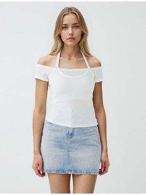 Jimmy Key Beyaz Dar Kesim Açık Yaka Düşük Omuz Bluz