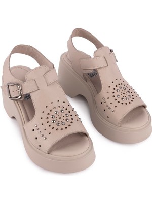 Hakiki Deri Modern Zımbalı Kalın Taban Sandalet Taş 1503