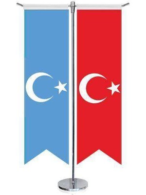 Asilmeydan Doğu Türkistan Bayrağı ve Türkiye -Saten T direk 2li Masa Bayrağı