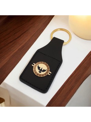 14 Ayar Plakalı Altın Kral Kartal Temalı Siyah Derili Yuvarlak Motifli Hediye ANAHTARLIK-485SEMBOL