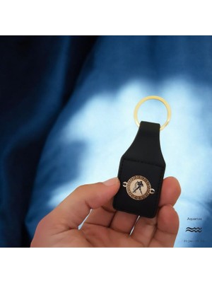 14 Ayar Altın Plakalı Kova Burçlarına Yuvarlak Motifli Siyah Derili Hediyelik ANAHTARLIK-485BURÇ