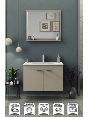 Biani Fix Arya 85 Cm Banyo Dolabı,Seramik Lavabolu, Aynalı,Lavabo Dahil,Mdf,Latte