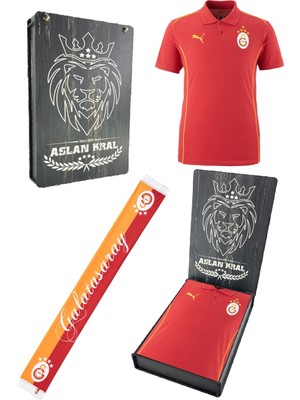 Gs Tsrt 006 Galatasaray Orijinal Lisanslı Polo Yaka Kırmızı Antrenman 5 Yıldızlı T-Shirt + Akrilik Atkı Set Hediyelik Ahşap Kutulu