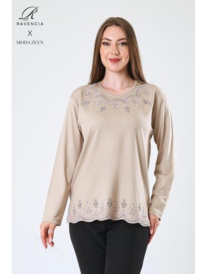 Kadın Orta Yaş ve Üzeri Viskon Yaprak Desenli Eteği Yakası Taşlı Işlemeli Likralı Bej Anne Penye Bluz