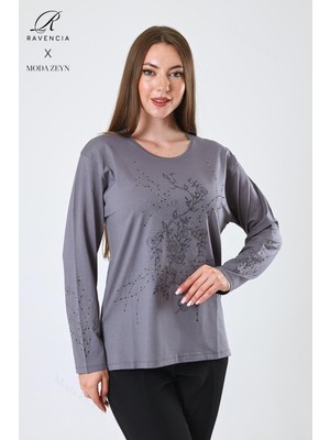 Kadın Orta Yaş ve Üzeri Viskon Yeni Kaplama Desen Taşlı Işlemeli Likralı Gri Anne Penye Bluz