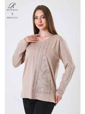 Kadın Orta Yaş ve Üzeri Viskon Halka Şerit Desen Taşlı Işlemeli Likralı Bej Anne Penye Bluz