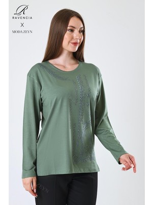 Kadın Orta Yaş ve Üzeri Viskon Halka Şerit Desen Taşlı Işlemeli Likralı Yeşil Anne Penye Bluz