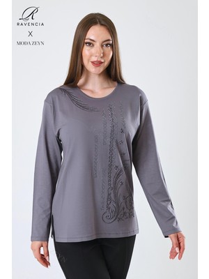 Kadın Orta Yaş ve Üzeri Viskon Halka Şerit Desen Taşlı Işlemeli Likralı Gri Anne Penye Bluz