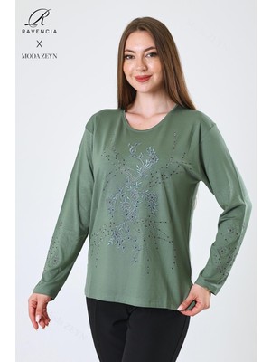 Kadın Orta Yaş ve Üzeri Viskon Yeni Kaplama Desen Taşlı Işlemeli Likralı Yeşil Anne Penye Bluz