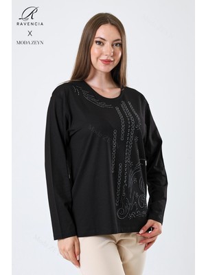 Kadın Orta Yaş ve Üzeri Viskon Halka Şerit Desen Taşlı Işlemeli Likralı Siyah Anne Penye Bluz