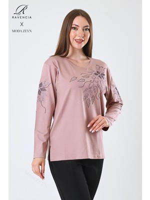 Kadın Orta Yaş ve Üzeri Viskon Çiçek Desen Taşlı Işlemeli Likralı Pudra Anne Penye Bluz