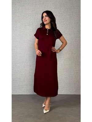 Gökyüzü Moda Kadın Kısa Kollu Yakalı Yandan Yırtmaçlı Viskon Iki Iplik Elbise