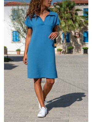 Gökyüzü Moda Kadın Polo Yaka Detaylı Aerobin Kumaş Elbise