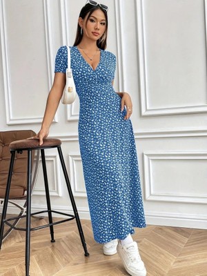 Gökyüzü Moda Kadın Kısa Kollu Kruvaze Yakalı Çiçek Desenli Süprem Elbise