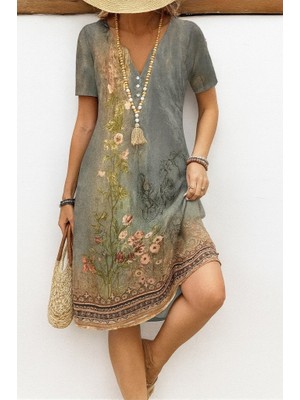 Arben Boutique Kadın Kısa Kollu V Yakalı Desenli Süprem Elbise