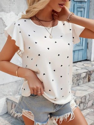 Nidam Butik Kadın Kısa Kelebek Kollu Bisiklet Yaka Kalp Desenli Süprem Bluz