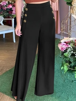 Mç Plus Kadın Yüksek Bel Yan Düğme Detaylı Geniş Paçalı Ithal Krep Pantolon