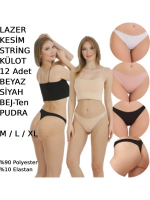 Kadın Lazer Kesim String Tanga Külot 12 Adet Beyaz Siyah Bej Pudra Renkli