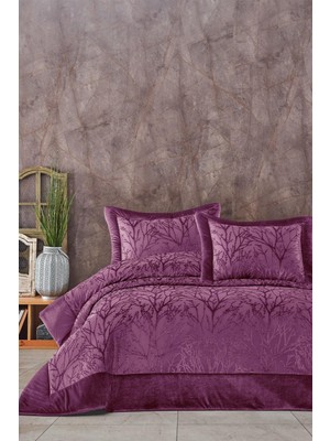 Elart Yatak Örtüsü Takımı Çift Kişilik Elyaf Dolgulu Pano Kadife Bahar Mürdüm