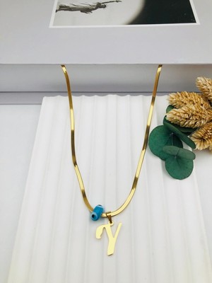 Nazar Boncuklu Italyan (Y) Harf Çelik Kolye 45 cm (Gold) 0106247