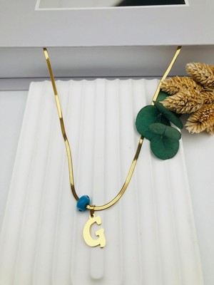 Nazar Boncuklu Italyan (G) Harf Çelik Kolye 45 cm (Gold) 0106241
